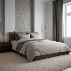 Obraz premium Modern bedroom with clean lines, soft neutral bedding, cozy carpet, and natural light creates peaceful atmosphere