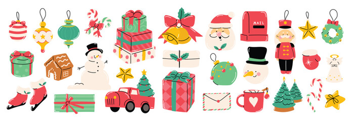 Obraz na płótnie Canvas Christmas element vector illustration set. Collection of christmas tree, nutcracker, snowman, gift, bauble ball, mug, bell, angel, candy cane. Design for sticker, card, poster, invitation, greeting.