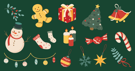 Christmas element vector illustration set. Collection of christmas tree, bauble ball, gingerbread, snowman, bell, candy, sock, candle, git. Design for sticker, card, poster, invitation, greeting.