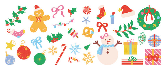 Christmas element vector illustration set. Collection of christmas bauble ball, snowman, wreath, gift, ribbon, gingerbread, candy cane. Design for sticker, card, poster, invitation, greeting.