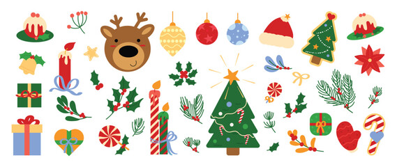 Fototapeta na wymiar Christmas element vector illustration set. Collection of christmas tree, bauble ball, reindeer, candle, holly leaf, candle, gift. Design for sticker, card, poster, invitation, greeting.