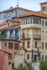 Traditional Colorful Houses With Balconies In Basque Coastal Town Spain. Historic Architecture, Painted Facades, Cantabrian Coast, Residential Buildings