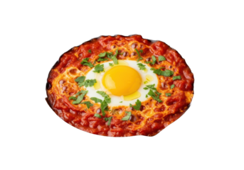 Perfectly cooked Shakshuka in dark cast-iron skillet, vibrant red simmering tomato sauce, glossy runny yolk, fresh parsley, olive oil on transparent background, appetizing food concept