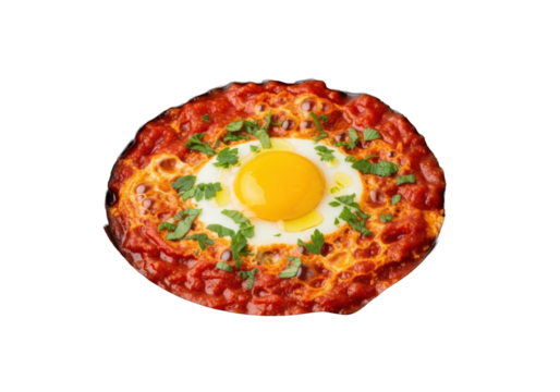 Perfectly cooked Shakshuka in dark cast-iron skillet, vibrant red simmering tomato sauce, glossy runny yolk, fresh parsley, olive oil on transparent background, appetizing food concept - Powered by Adobe
