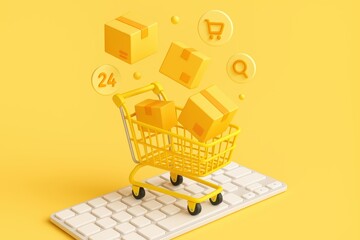 Digital Shopping cart : Dynamic 3D rendered conceptual design, showcasing an overflowing shopping cart, surrounded by delivery boxes and intuitive icons, on top of a computer keyboard.