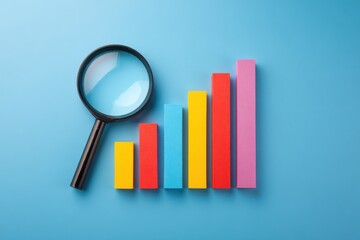 Colorful bar graph and magnifying glass on a blue background, representing data analysis
