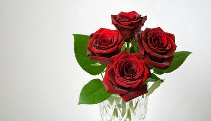 A bouquet of four deep red roses in a clear vase