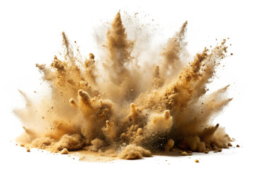 Sand explosion with flying particles on white background isolated on a transparent background