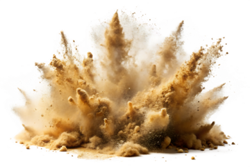 Sand explosion with flying particles on white background isolated on a transparent background