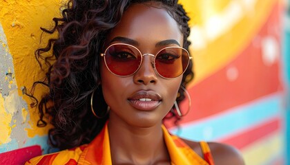 Woman with Curly Hair Wearing Orange Sunglasses Against Colorful Wall