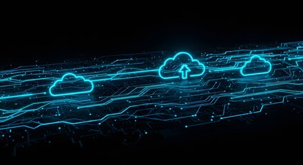Abstract glowing cloud icons on a digital network background representing cloud computing technology