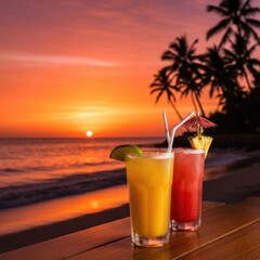 Refreshing tropical cocktails against a blazing tropical sunset horizon