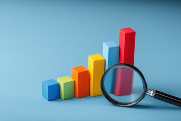 Colorful bar graph and magnifying glass on a blue background, representing data analysis