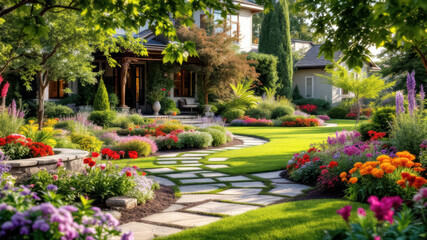 Landscape design with flower beds in home garden