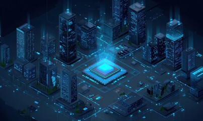 big data technology elements in an isometric view. A large central square displays a chip with lightning-like lights around it