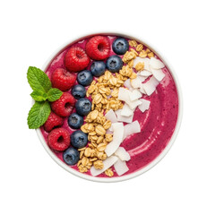 Vibrant deep magenta berry smoothie bowl with fresh raspberries, blueberries, granola, coconut, mint sprig in white ceramic bowl on transparent, top-down, clean food photography concept