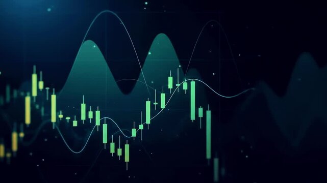 Abstract financial data visualization with candlestick charts and wave patterns on a dark background