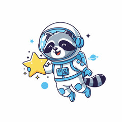 Cute cartoon raccoon astronaut with jetpack holding glowing star vector


