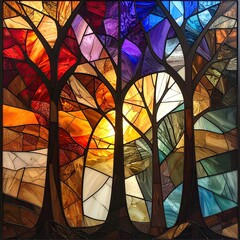 Fototapeta premium Colorful stained glass depicting three trees at sunrise or sunset