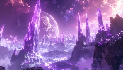 Ethereal purple landscape with glowing crystal spires and a planet
