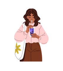 Teen girl with canvas bag drinks bubble tea with straw. Black young woman quenches thirst with fresh juice. Person holds glass of refreshing beverage. Flat isolated vector illustration on white