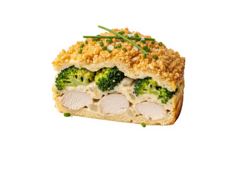 Precisely portioned chicken broccoli casserole, creamy sauce, crunchy topping, chives, sea salt on white plate, isolated transparent background, macro product shot, gourmet food styling concept