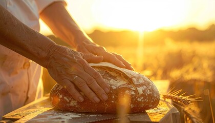 Baker's Hands Shaping Golden Crusty Bread at Sunset