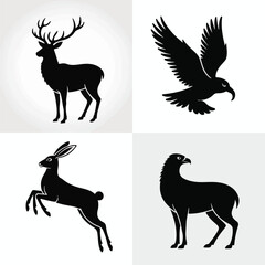 Elegant Animal Silhouettes: Deer, Eagle, Hare, and Hawk