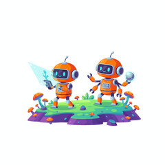Fototapeta premium Two Small Robots Exploring Alien Terrain