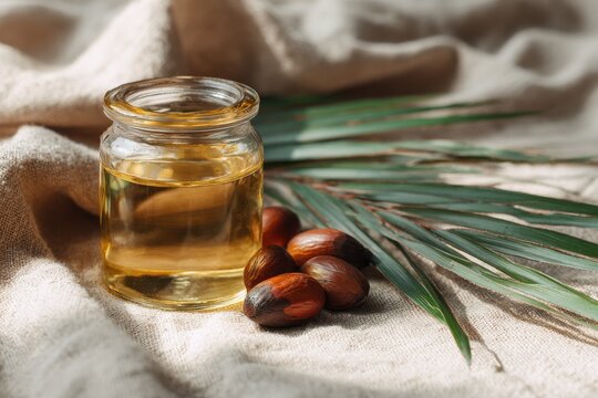 closeup of nourishing batana oil jar with tropical seeds and leaf on fabric rustic background golden light detail concept of natural skincare cosmetic advertising wellness