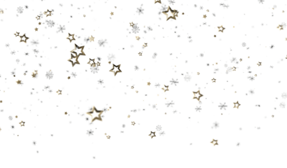 Magical winter scene with gold stars and snowflakes falling on white background. Perfect for holidays.
