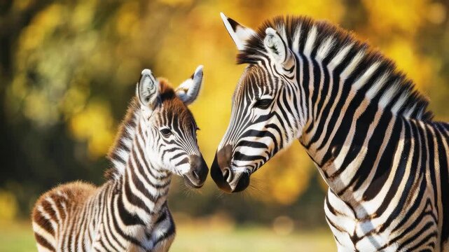 Mother zebra touches noses with her foal in a warm family moment at a wildlife setting