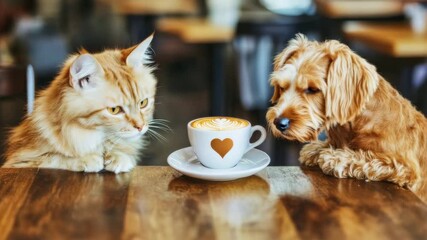 Chic cat and dog share delightful lattes in cozy cafe ambiance