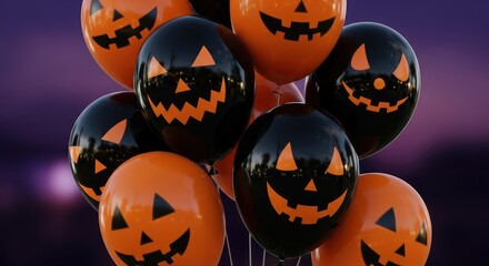 Festive halloween celebration with black and orange balloons adorning jack-o'-lantern faces