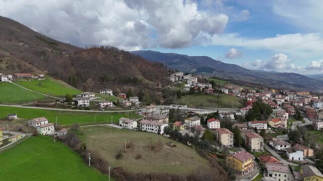 Bardi Castle dominating the landscape in Emilia Romagna, Italy, aerial panoramic view