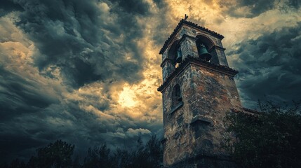 Ancient Stone Bell Tower Under Dramatic Stormy Skies.