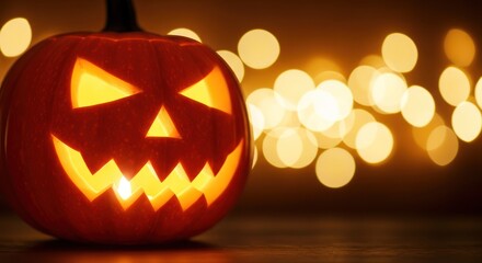 Glowing jack o lantern with eerie face amidst soft illuminated background orbs, spooky season