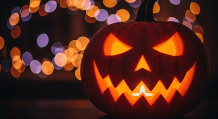 Naklejka premium Eerily illuminated halloween pumpkin glows against a backdrop of colorful festive lights