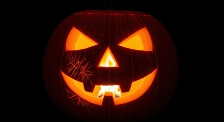 Eerily lit jack-o'-lantern in the dark emitting orange glow ideal for festive Halloween themed