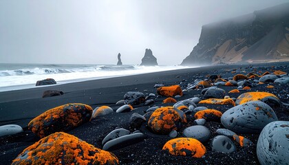 Dramatic black sand beach with orange stones