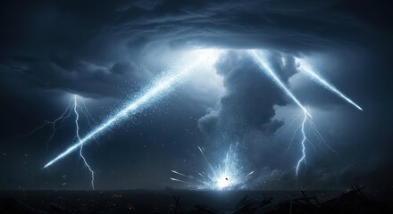 Ethereal stormscape with celestial lightning bolts and dark ominous clouds forming above