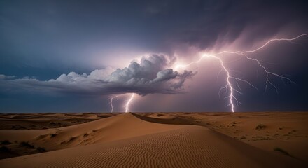 Spectacular lightning storm illuminates the vast desert landscape at twilight hour