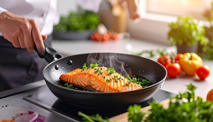Chef Cooking Salmon Fillet in a Pan