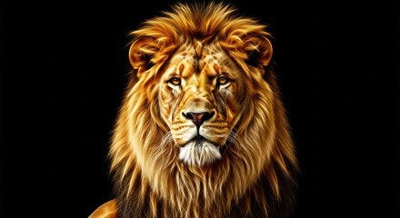 Fototapeta premium Majestic golden lion with a striking gaze against the dark background showcases raw power