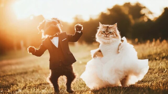 Joyful tiny dog twirls fluffy cat in a sweet wedding dance under warm sunlight