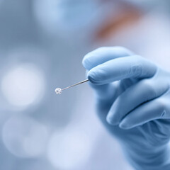 Gloved hand holds a gem on a needle. Conceptual image for precision, purity, and expertise. Could be used for science, jewelry, or healthcare topics.