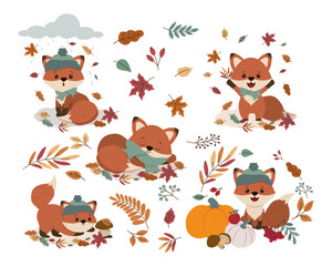 Adorable foxes engage in various autumn activities in this cheerful vector illustration. Surrounded by autumn leaves, pumpkins, and berries, the foxes display joy and playfulness.