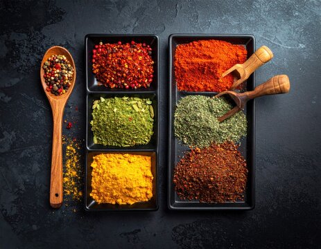 Assorted spices in black trays on dark background