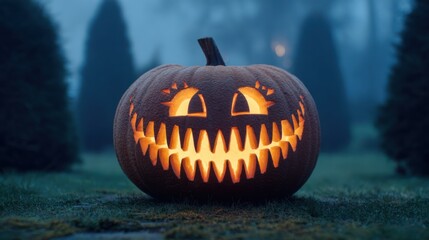 Spooky Pumpkin with Grinning Face Illuminated by Candlelight in a Misty Halloween Night Landscape