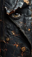 Closeup Eye Peering Through Dark Weathered Leather